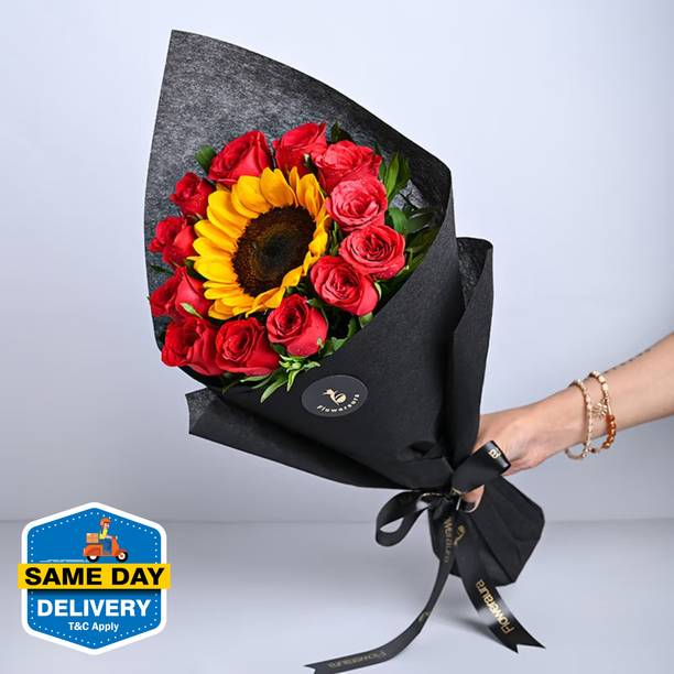 Floweraura Fresh Bunch of Fresh Live 12 Red Roses & 1 Sunflower Flowers Bouquet Assorted Bouquets