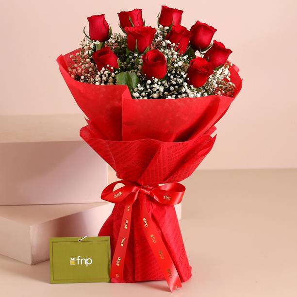 Fresh Live Flower Bouquet of 10 Red Roses, White Gypsy Fillers & Red Wrap Fresh Red Rose Bouquets
