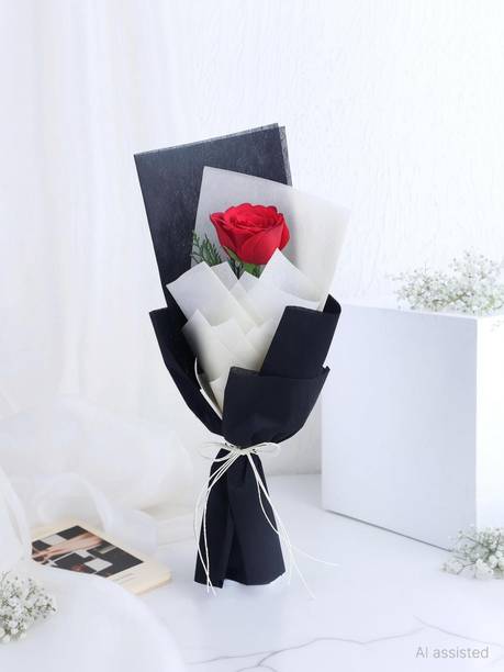 Fresh Live Flower Bouquet of 1 Red Rose, Yellow Wrap with Morpankhi Leaves Fresh Red Rose Flower