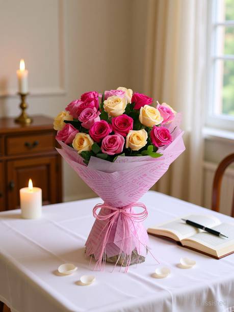 Fresh Live Flower Bouquet of 15 Mixed Roses, Self-Watering Standing Bouquet Fresh Multi Rose Bouquets