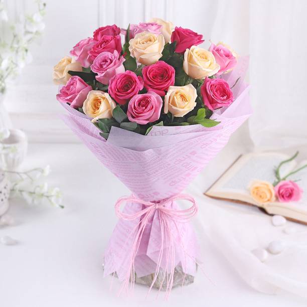 Fresh Live Flower Bouquet of 15 Mixed Roses, Self-Watering Standing Bouquet Fresh Multi Rose Bouquets