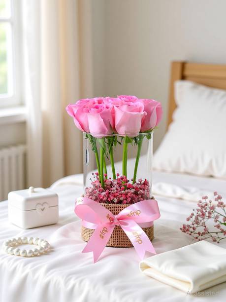 Fresh Aqua Pink Rose Bouquet (7 Roses) with Gypsophila in Glass Vase Fresh Pink Rose Bouquets