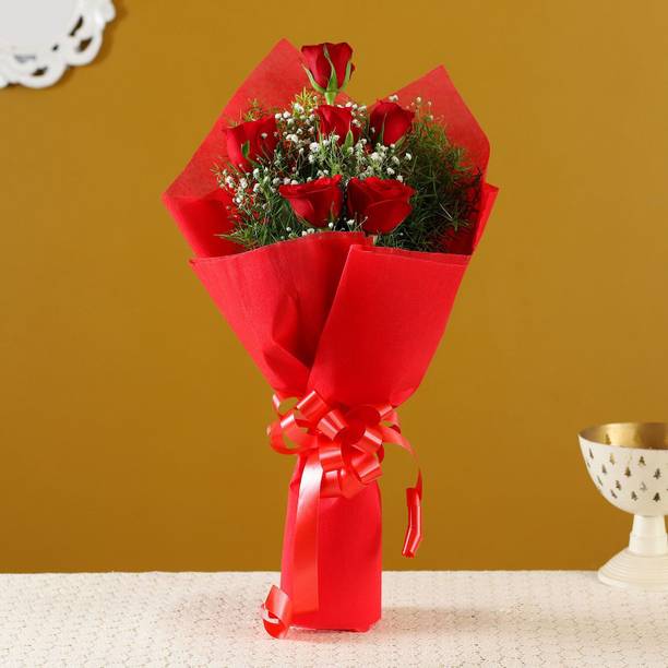 Fresh Live Flower Bouquet of 6 Red Roses, Red Packing with White Gypsy Fillers Fresh Red Rose Bouquets