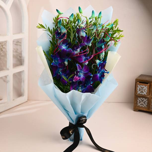 Floweraura Fresh Fresh Live Flower Bouquet of 3 Blue Flowers Orchids Bouquets, Flower Basket