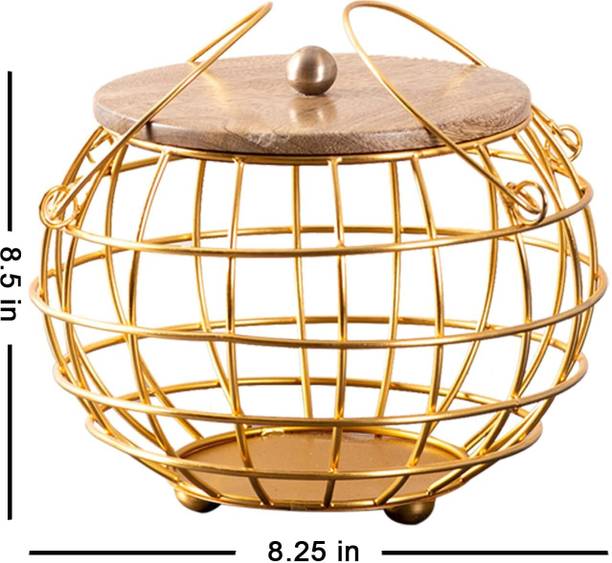 METSCAPEINDIA Stylish Metal Fruit Basket with Wooden Lid for Kitchen Storage Iron Fruit & Vegetable Basket