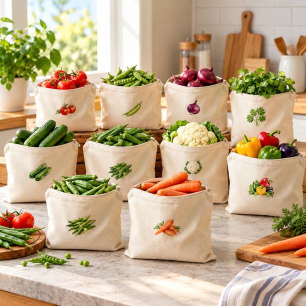 WAKTORO Pack of 10 Reusable Vegetable Storage Bags for Kitchen, Pantry & Refrigerator Cotton Fruit & Vegetable Basket