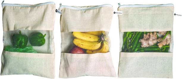 Wrapzy Pack of 6 Cotton Net Bag with Zipper Closure for Storage and Gift Packaging Cotton Fruit & Vegetable Basket
