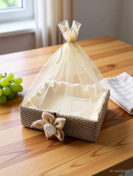 VayuArtCrafts Jute MDF Decorative Gift Hamper Basket with Floral Accent, 8x8x2.25 in Wooden Fruit & Vegetable Basket