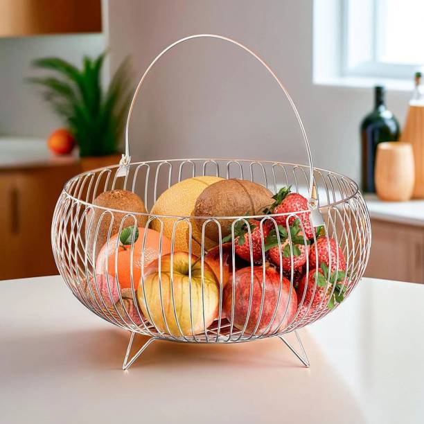 Heart Home Steel Fruits & Vegetable Stand for Dining Table with Handle | Silver Stainless Steel Fruit & Vegetable Basket