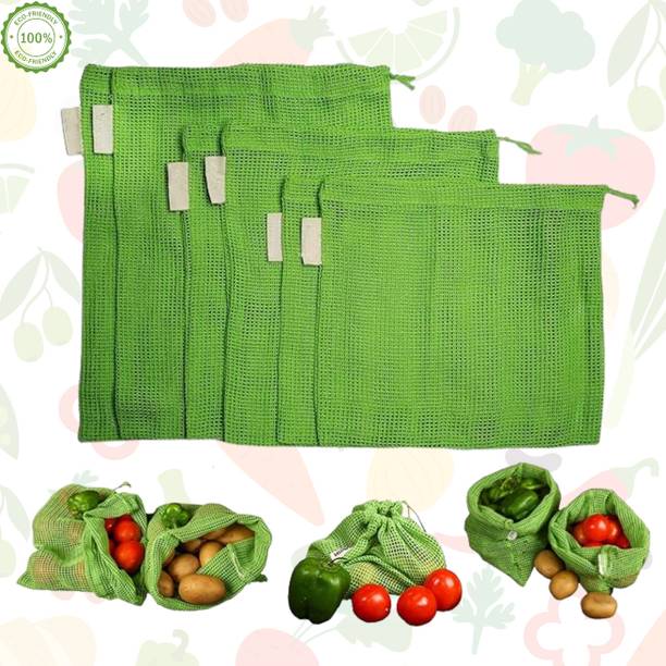 Nature Maa 100% Cotton Set of 6 Fridge Drawstring Bags Vegetables Storage Mesh Net Cotton Fruit & Vegetable Basket