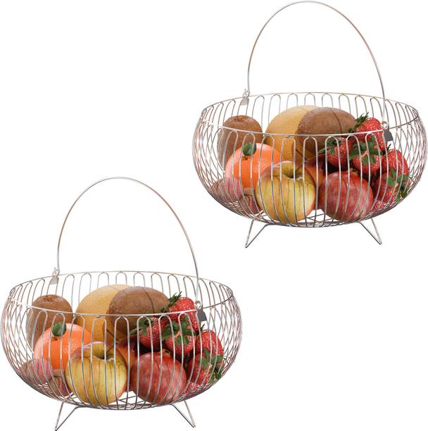 HOMESTIC by Kuber Industries 2 Pcs Steel Fruits & Vegetable Stand for Dining Table with Handle | Silver Stainless Steel Fruit & Vegetable Basket