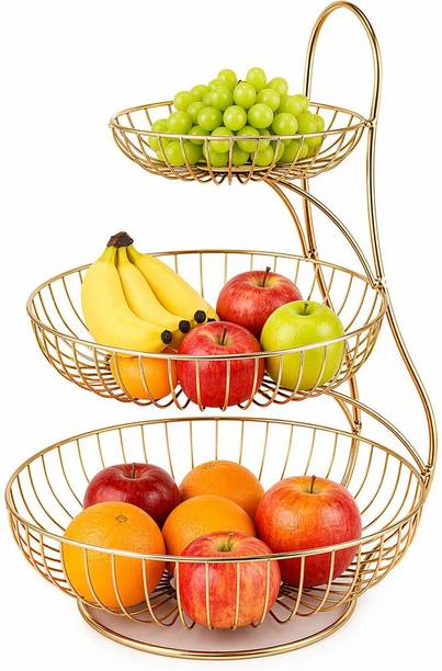 Firdaus International 3 Tier Metal Fruit Basket Stand Gold Wire Fruit Storage Iron Fruit & Vegetable Basket