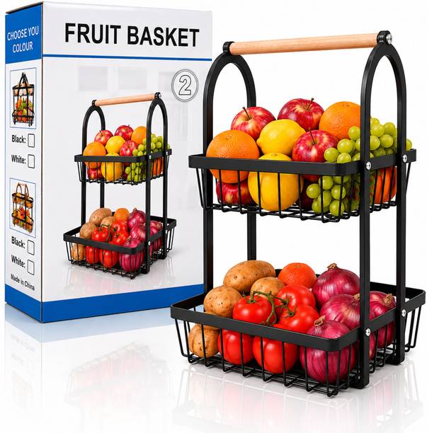 Sageware 2-Tier Fruit Basket for Dining Table Basket Metal Organizer Rack (Black) Iron Fruit & Vegetable Basket