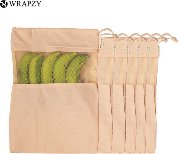 Wrapzy 100% Pure Cotton Vegetable & Fruit Mesh Bags | Pack of 6, Beige, 27x35 cm | Cotton Fruit & Vegetable Basket