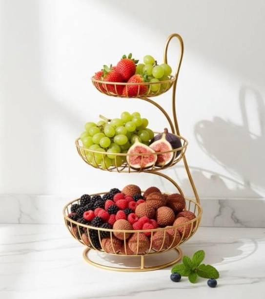 M S Handicrafts 3 Tier Metal Fruit Basket Stand Kitchen Countertop Organizer Gold Iron Fruit & Vegetable Basket