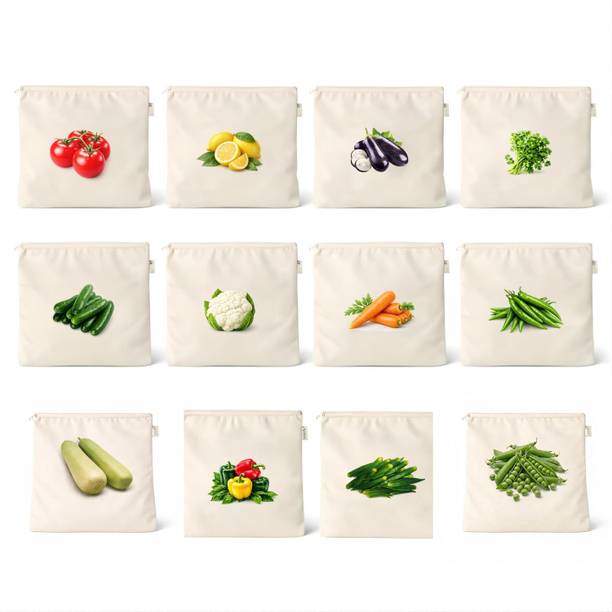 VRUSHABH Eco-Friendly Cotton Vegetable Storage Bags Washable Pack of 12 Grocery Bags