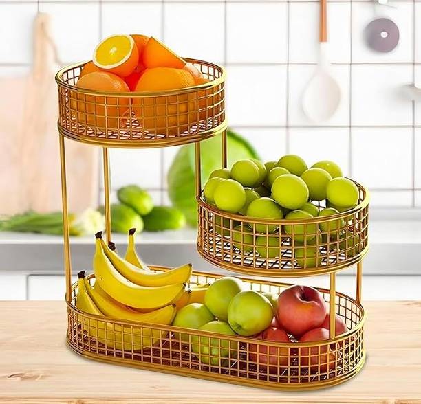 WM DESIGN FORGE 3-Tier Gold Metal Fruit & Vegetable Basket Stand Iron Fruit & Vegetable Basket