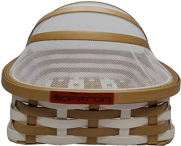 Saffrondecors PVC Fruit Mesh Basket with Net Cover|Prevents Dust(Small-Beige-White)-29X20X26CM Plastic Fruit & Vegetable Basket