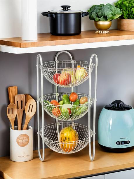 KUBER INDUSTRIES Stainless Steel Three Tier Fruits & Vegetables Round Trolley/ Multipurpose kitchen storage shelf rack/ Basket (Set of 1 Pc) Steel Fruit & Vegetable Basket