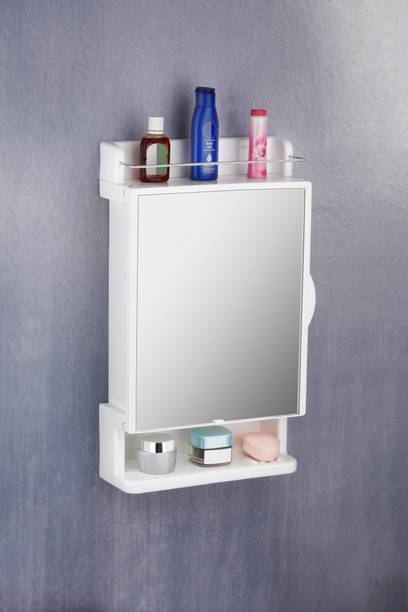 GROSTER Wall Mounted Bathroom Cabinet with Mirror, Strong Plastic Storage Organiser Plastic Wall Mount Cabinet