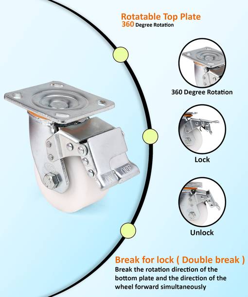 hinglaj 4*2 inch_ hc_white naylon break caster funiture ( pack of 4) Braked Furniture Caster