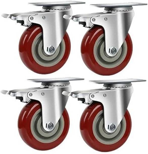 Nisma Engineering 4" Red PU Caster With Ball Bearing Heavy Duty | 4 Break | 360-degree Rotating Braked Furniture Caster