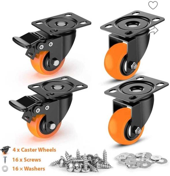 hinglaj 50MM Orange Soft Rubber Swivel Caster Wheel (2 with Brakes & 2 Without) Braking and Locking Furniture Caster