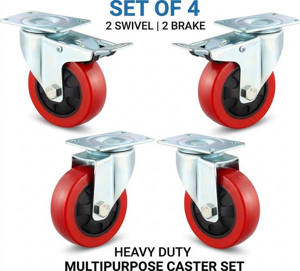 Toolsroom PU Wheel 3inchi Red 2+2 Set of 4pcs Braking and Locking Furniture Caster