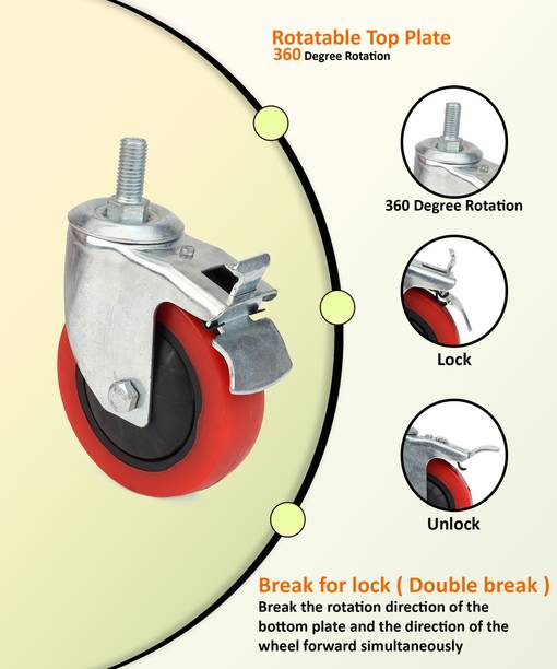 hinglaj 4*! inch_hc_red break caster threaded funiture trolley wheel(pack of 4) Braked Furniture Caster