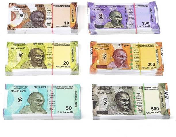 4GX Combo (11 Each x 6=66 Nakli Note) Playing Indian Currency Notes for Fun Paper Kids churan wale Note (Nakli Note-10,20,50,100,200,500 ) Children Currency Gag Toy