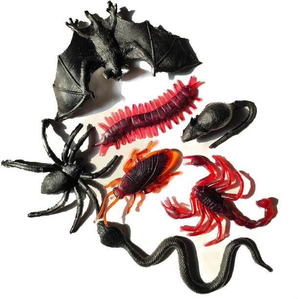 4GX Pack of 7 Halloween Fake Insects Trick Toys Practical Jokes and Prank Trick Toys Combo 1 Snake 1 Cockroach 1 Scorpion 1 Spider 1 Kankhajura 1 Rat 1 Bat Toy Gag Toy