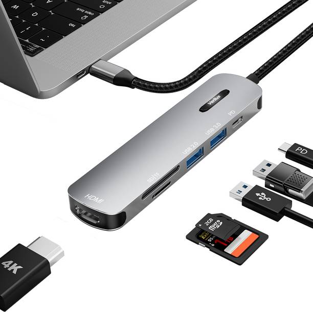 Verilux USB C HUB 6 in 1 TYPE C to HDMI Adapter TYPE C Hub Support 4K@30Hz Hdmi USB 2.0 Compatible with Laptop PC Phone MacBook Pro Air M1 (20cm Braided Cable) Card Reader