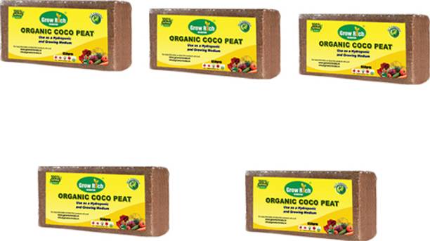 GrowRich Cocopeat 650gm Expands to 40 litres of Coco PEAT Powder (Set of Five) Garden Mulch