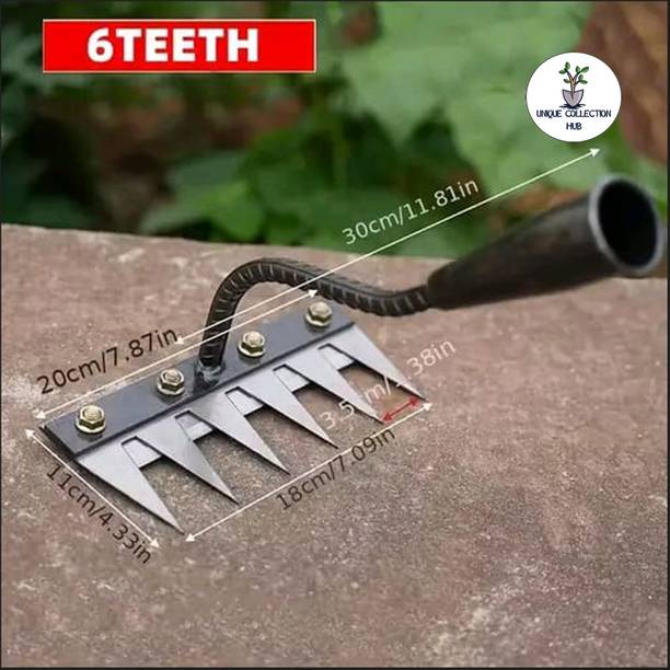 Unique Collection Hub Heavy Duty 6Teeth Iron Weeding Rake for Soil Loosening & Weeding Without Handle Garden Tool Kit