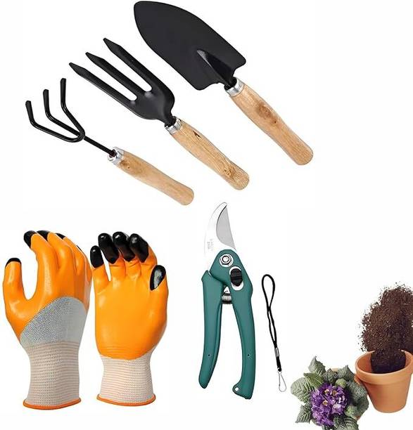 AGT 3PCS Wooden Handle Cultivator Free Rubber Hand Gloves Garden Tool Kit