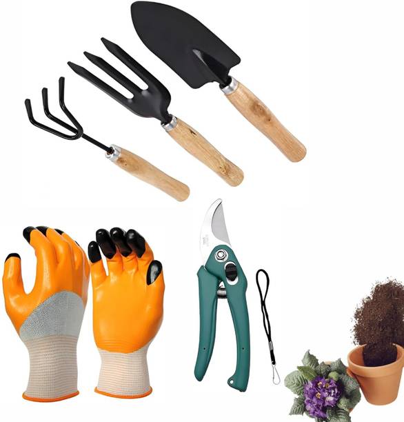 MIMICROPs 5-Piece Garden Tool Set with Wooden Handles, Trowel, Fork, Pruner & Gl