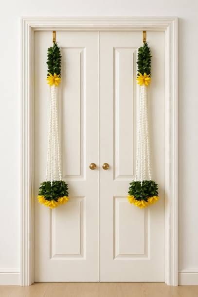 Harshita Enterprises Toran Bandhanwar Pack of 2 – Green Leaves, Yellow Flowers & White Mogra String Plastic Garland