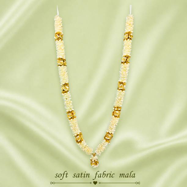 KraftX Pooja Room Decoration Mala - Beige Gold Satin Fabric Garland, Handmade Finish Soft Satin Fabric Garland