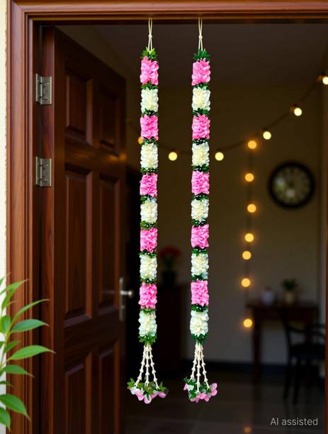 Kurailla Pink & White Flower Mala for festive decoration & Door Hanging (Pack of 2) Fabric Garland