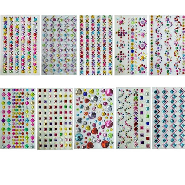 K A Enterprises 10 Different Style Self-Adhesive Rhine stone Stickes(Pack of 10)