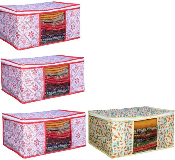 Evolves New Wonderful Set Of 4 Beige High Quality Non Woven With Window Saree cover Storage Cover/Cloth Organizer Cover Storage Space Saver Multipurpose Bag Swastik Red Colour &amp; Orange Panddi Design