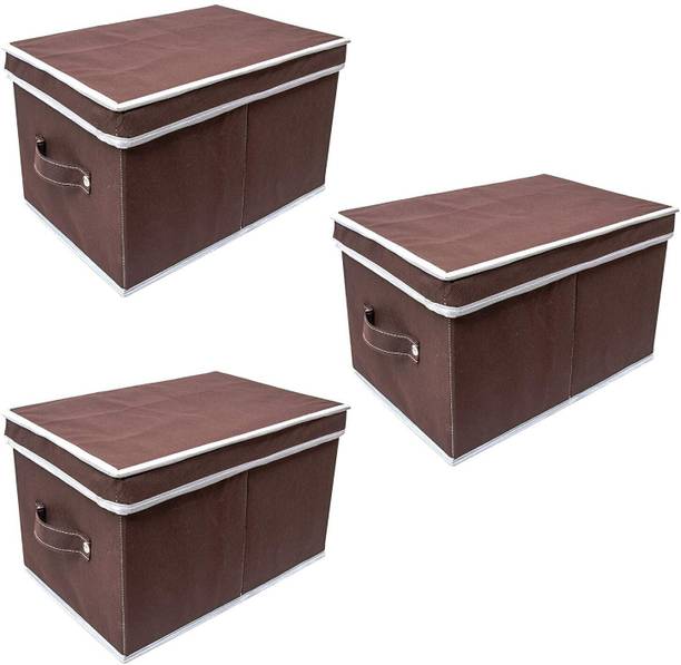 Mteaser Multipurpose Storage Box With Lid | Foldable Organizer for Clothes Toys/Books and Other Household Items Non-Woven Material Set of 3,