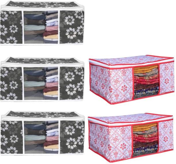 Evolves New Trendy Cover Pack Of 5 Beige High Quality Non Woven With Window Saree cover All Type Of Cloths, Wardrobe Organizer, Space Saver Box red &amp; White Design