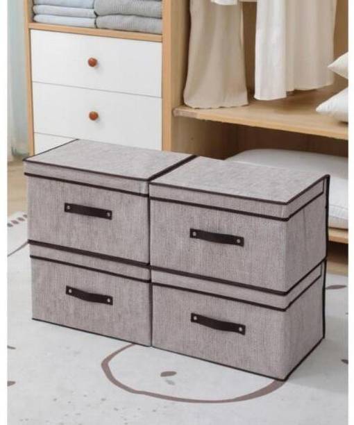 Gemstones Foldable Jute Print Fabric Clothes Storage Box with Lid & Front Handle Large Capacity Wardrobe Organizer for Clothes, Blankets, Sarees & Quilts Dustproof Collapsible Cupboard Storage Bin for Bedroom & Home Set of 4