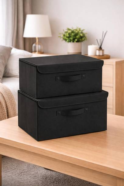 Camron Craft Non Woven Foldable Fabric Storage Box with Lid & Handle, Clothes Organizer for Wardrobe, Cupboard & Shelf Multipurpose Storage Bin for Saree, Toys & Clothes Set of 2