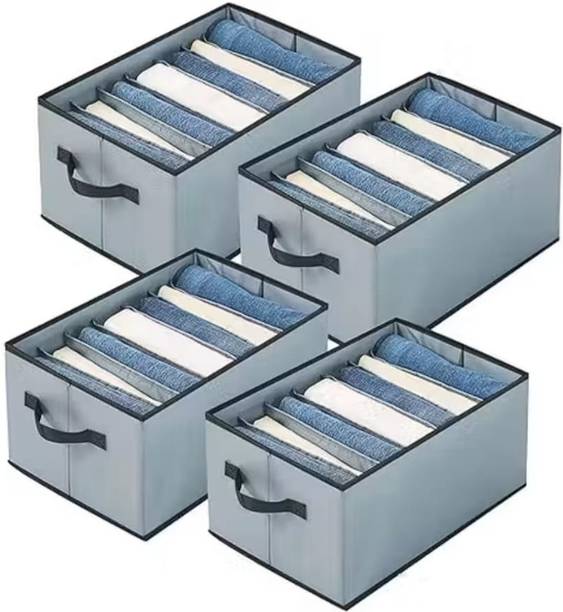 रयबोआ हैमा Foldable 7-Grid Wardrobe Organizer Box for Jeans, Pants, Trousers, T-Shirts & Clothing – Non-Woven Fabric Cloth Storage Basket with Compartments, Handle & Divider for Cupboard, Drawer & Closet Use Combo of 4