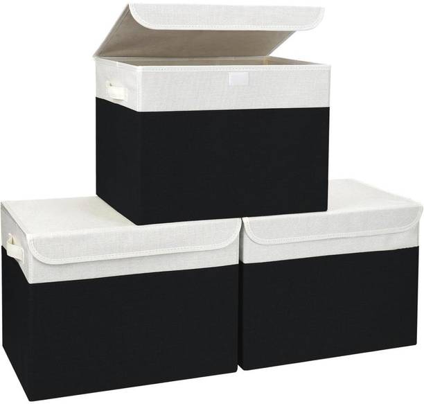 Gemstones Foldable Fabric Clothes Storage Box with Lid & Handle | Large Capacity Non-Woven Wardrobe Organizer for Clothes, Blankets, Sarees & Quilts Collapsible Cupboard Storage Bin for Bedroom & Home Pack of 3