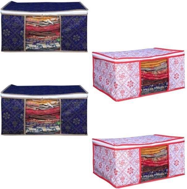Evolves New Fancy High Quality 4 Pic Non Woven cover With Window Saree cover Storage Cover/Cloth Organizer Cover Storage Space Saver Multipurpose Bag Swastik Design Look Whit 2 Red , 2 Blue