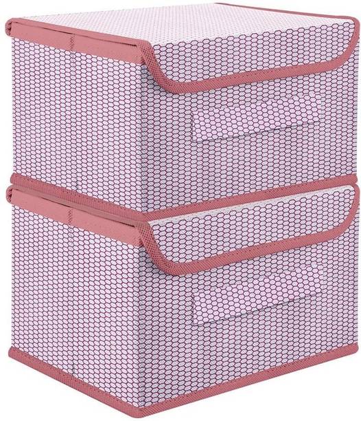 Mteaser Non Woven Multipurpose Zig Zag Storage Box/Bin With Lid & Side Handle Wardrobe Closet Organizer For Clothes, Toys, Books Combo of 2