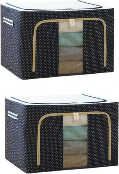 Prashwe Pack of 2 Clothes Organizer|66 Liter|Clothes Storage Box|Foldable Steel Frame Fabric Storage Bag|Saree, Shirts and Blankets